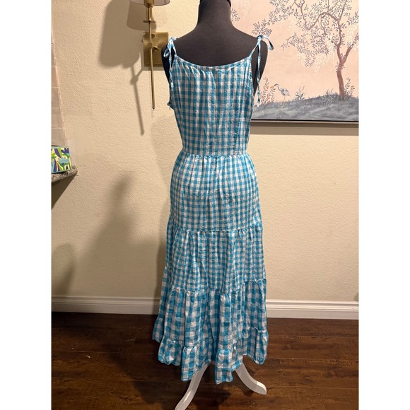 Everlynn Apparel Blue Gingham Tiered Midi Dress Tie Shoulder Womens Medium - Picture 3 of 5